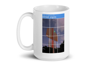 A mug with recaptcha image and direction to select squares with street signs - photographed and designed by Nate DeWaele - 15oz left side view of product