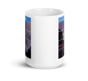A mug with recaptcha image and direction to select squares with street signs - photographed and designed by Nate DeWaele - 15oz center side view of product