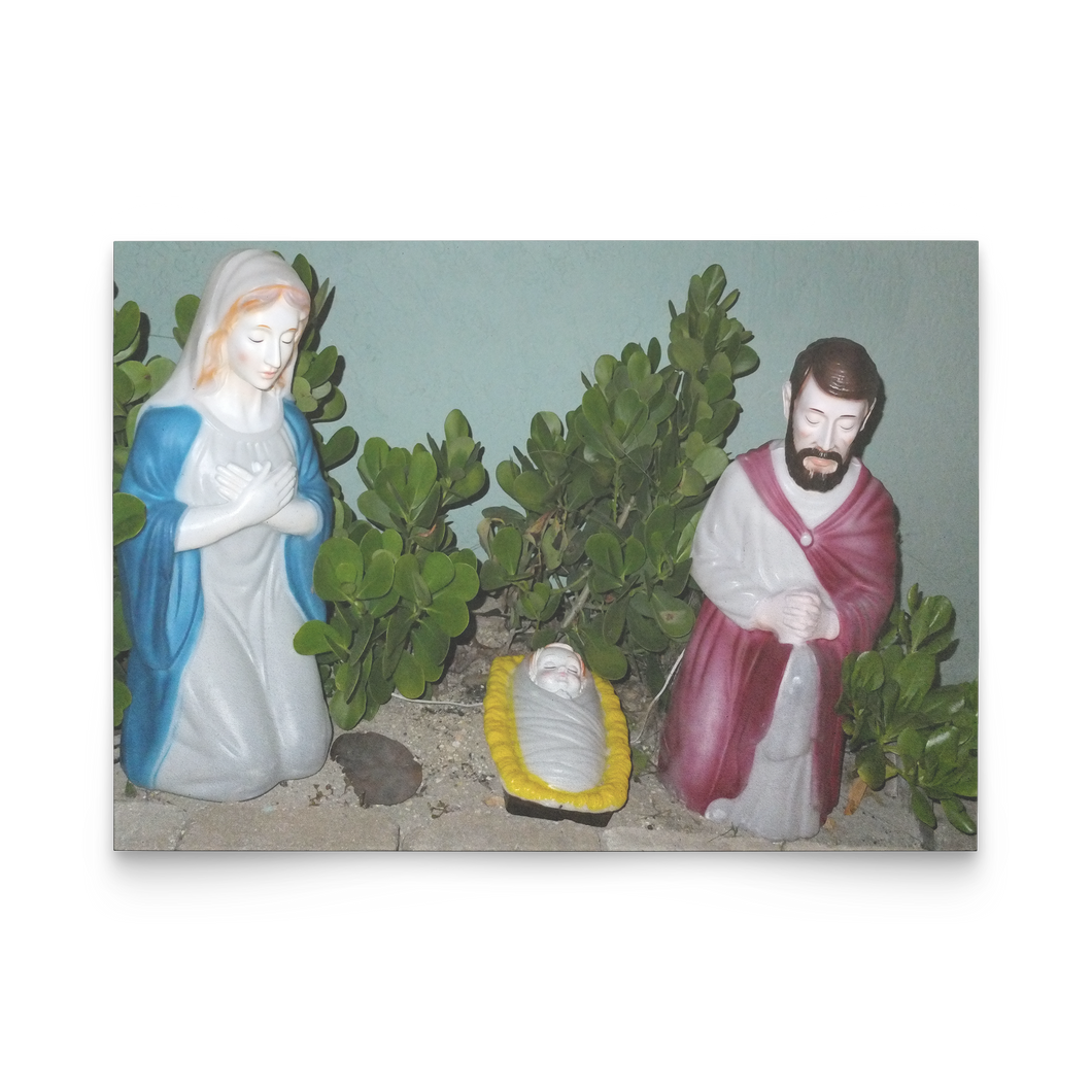 Happy holidays from Florida || greeting card front || Mary joseph and Jesus in clusia outside florida home by nate dewaele at barneydew