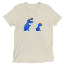 Load image into Gallery viewer, A white t-shirt that has blue and red anaglyph glitch dinosaurs holding flowers. The graphic is in halftone texture for natural blending into the fabric. Designed by Nate DeWaele