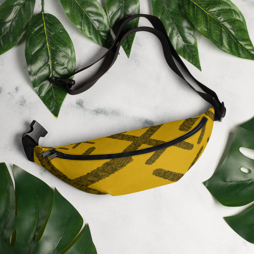 A yellow fanny pack with X shapes made from tiny black and negative space dots - designed by Nate DeWaele