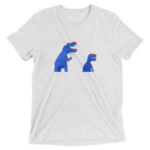 A white t-shirt that has blue and red anaglyph glitch dinosaurs holding flowers. The graphic is in halftone texture for natural blending into the fabric. Designed by Nate DeWaele