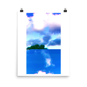 A poster of a skyline in shuffled horizontal glitch.  Clouds and a tree outlined in anaglyph tones.  Designed by Nate DeWaele