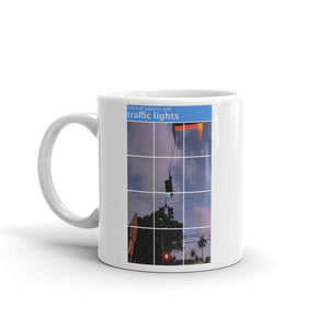 A mug with recaptcha image and direction to select squares with-traffic-lights - photographed and designed by Nate DeWaele - 11oz  handle on left side view of product