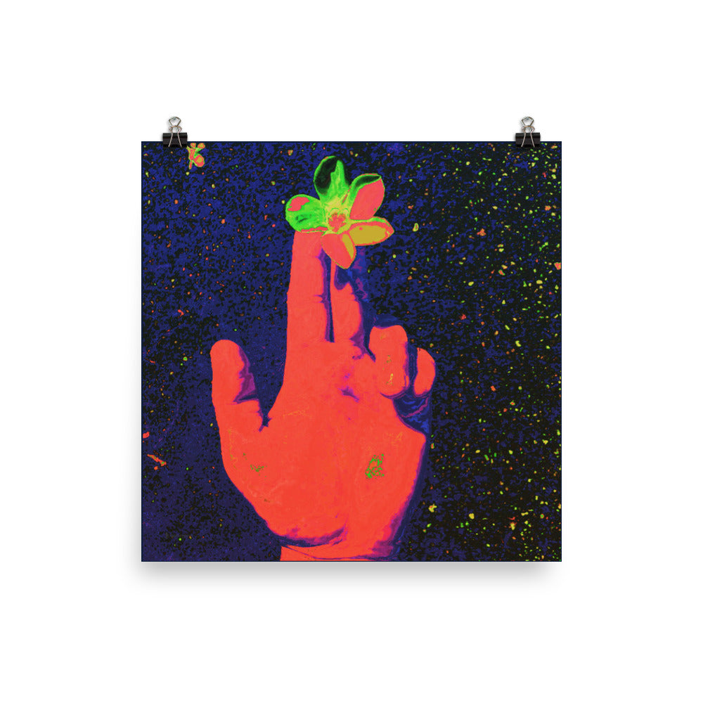 A graphic poster of a hand in high contrast colors presenting a flower between two fingers. In the style of science fiction pulp novels, the hand presents from a deep space background with an 