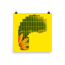 Load image into Gallery viewer, A print for sale of a photograph of Cordyline plant. It is in front of blue tile that is collage cut and stylistically set in flat yellow background - Designed by Nate DeWaele