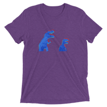 Load image into Gallery viewer, A purple t-shirt that has blue and red anaglyph glitch dinosaurs holding flowers. The graphic is in halftone texture for natural blending into the fabric. Designed by Nate DeWaele