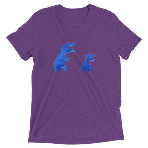A purple t-shirt that has blue and red anaglyph glitch dinosaurs holding flowers. The graphic is in halftone texture for natural blending into the fabric. Designed by Nate DeWaele