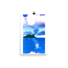 Load image into Gallery viewer, A poster of a skyline in shuffled horizontal glitch.  Clouds and a tree outlined in anaglyph tones.  Designed by Nate DeWaele