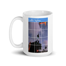 Load image into Gallery viewer, A mug with recaptcha image and direction to select squares with-traffic-lights - photographed and designed by Nate DeWaele - 15oz handle on left side view of product