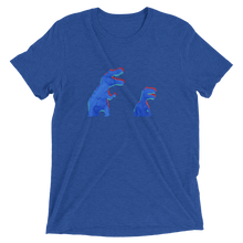 Load image into Gallery viewer, A blue t-shirt that has anaglyph glitch dinosaurs holding flowers. The graphic is in halftone texture for natural blending into the fabric. Designed by Nate DeWaele