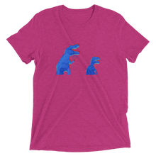 Load image into Gallery viewer, A fuschia t-shirt that has blue and red anaglyph glitch dinosaurs holding flowers. The graphic is in halftone texture for natural blending into the fabric. Designed by Nate DeWaele