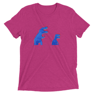 A fuschia t-shirt that has blue and red anaglyph glitch dinosaurs holding flowers. The graphic is in halftone texture for natural blending into the fabric. Designed by Nate DeWaele