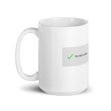 Load image into Gallery viewer, A mug with recaptcha UI that has a green checkmark indicating the drinker is not a robot- photographed and designed by Nate DeWaele - 15oz handle on left  view product