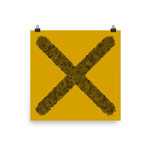 A yellow poster with a graphic x made from tiny black and negative space dots. Designed by Nate DeWaele