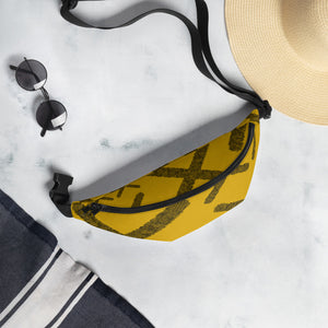 A yellow fanny pack with X shapes made from tiny black and negative space dots - designed by Nate DeWaele