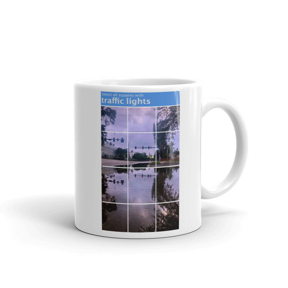 A mug with recaptcha image and direction to select squares with-traffic-lights - photographed and designed by Nate DeWaele - 11oz right handle on right side view of product