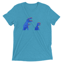 Load image into Gallery viewer, A light blue t-shirt that has blue and red anaglyph glitch dinosaurs holding flowers. The graphic is in halftone texture for natural blending into the fabric. Designed by Nate DeWaele