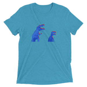 A light blue t-shirt that has blue and red anaglyph glitch dinosaurs holding flowers. The graphic is in halftone texture for natural blending into the fabric. Designed by Nate DeWaele