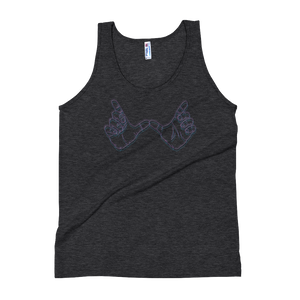 A tank top that has two outlines of hands that are gesturing whatever.  It is unisex so it can be worn by men or womenDesigned by Nate DeWaele