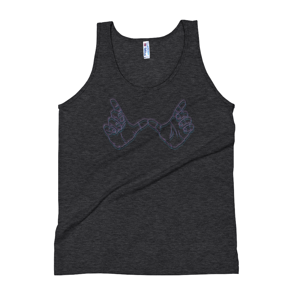 A tank top that has two outlines of hands that are gesturing whatever.  It is unisex so it can be worn by men or womenDesigned by Nate DeWaele