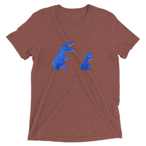 A clay colored t-shirt that has blue and red anaglyph glitch dinosaurs holding flowers. The graphic is in halftone texture for natural blending into the fabric. Designed by Nate DeWaele