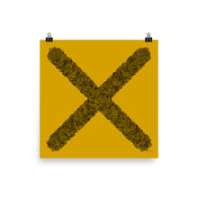 Load image into Gallery viewer, A yellow poster with a graphic x made from tiny black and negative space dots. Designed by Nate DeWaele