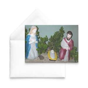 Happy holidays from Florida || greeting card front and envelope || Mary joseph and Jesus in clusia outside florida home by nate dewaele at barneydew